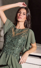 Ladivine CL09 - Beaded Illusion Flutter Sleeve Formal Gown