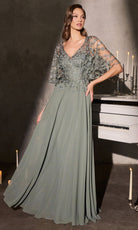 Ladivine CL10 - Embroidered Cape Sleeve A-Line Formal Gown