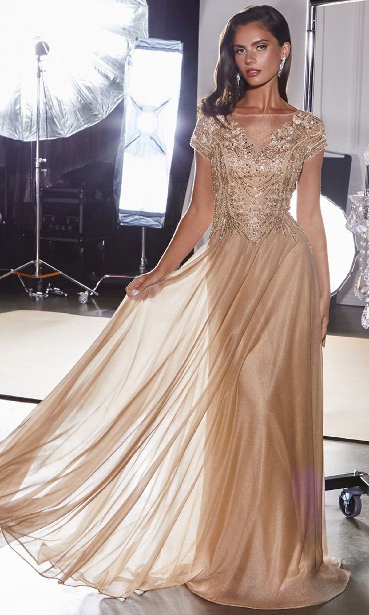 Ladivine CL11 - Cap Sleeve A-Line Formal Dress with Beaded Top