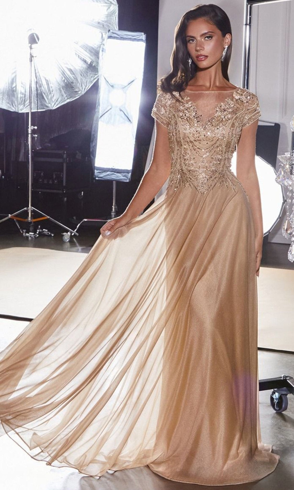 Ladivine CL11 - Cap Sleeve A-Line Formal Dress with Beaded Top - Silhouette Dresses