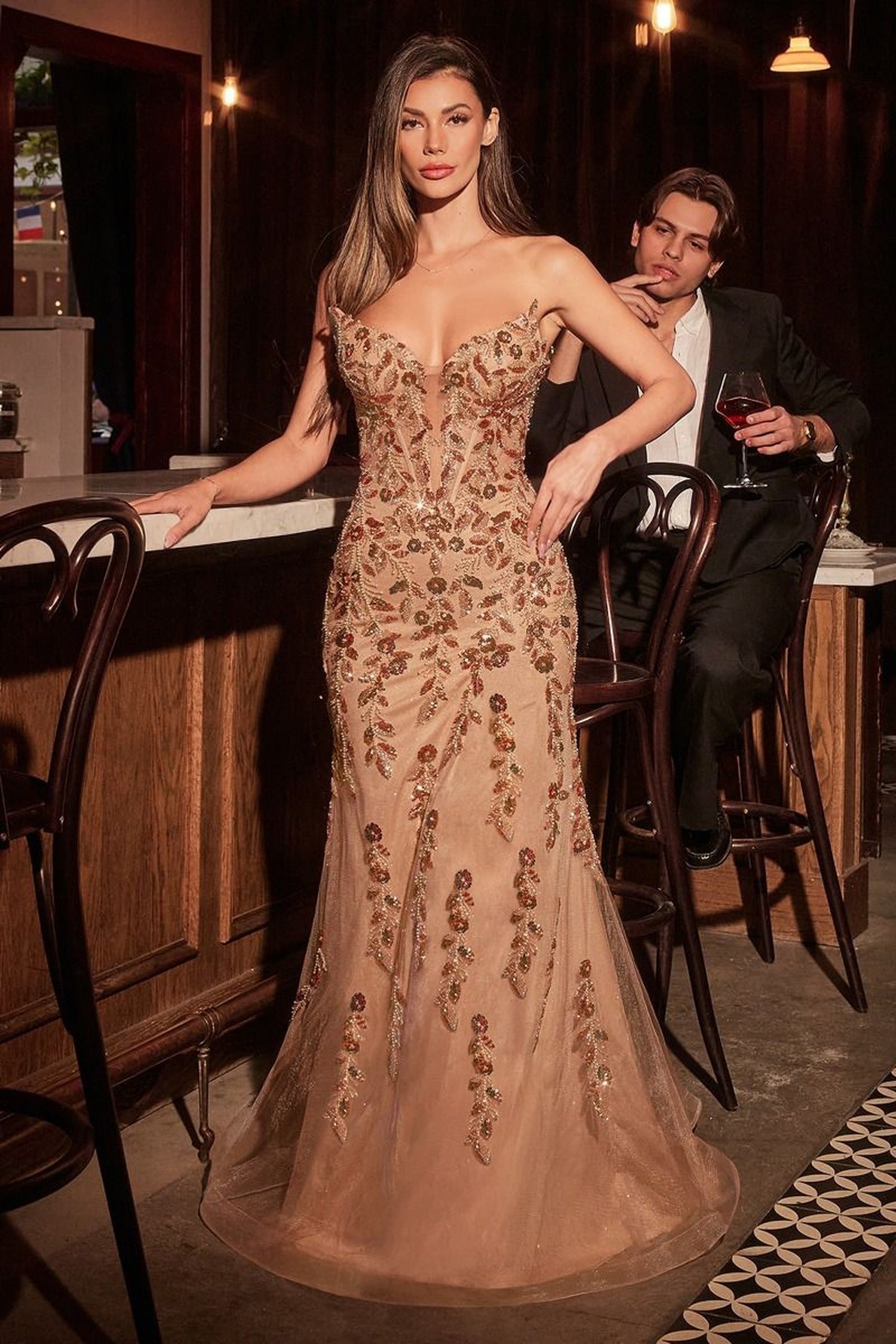 Ladivine CM382 - Plunging Neck Strapless Prom Gown