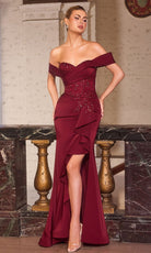 Ladivine CM387 - Off Shoulder Ruffled Slit Prom Gown