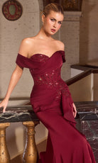 Ladivine CM387 - Off Shoulder Ruffled Slit Prom Gown