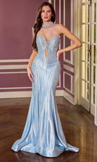 Ladivine CM391 - Beaded Halter Keyhole Gown with Overskirt