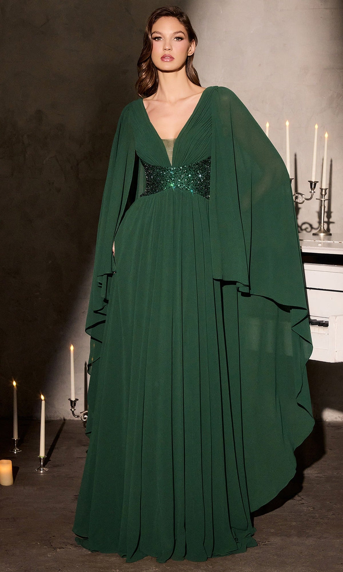 Ladivine CM8244 - Chiffon Cape Sleeve A-Line Evening Gown