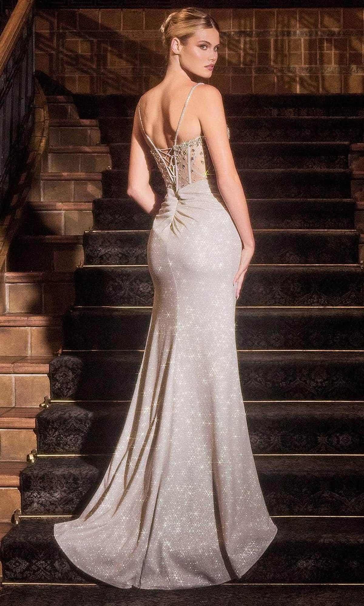 Ladivine J4305 - V-Neck Sheer Corset Prom Gown