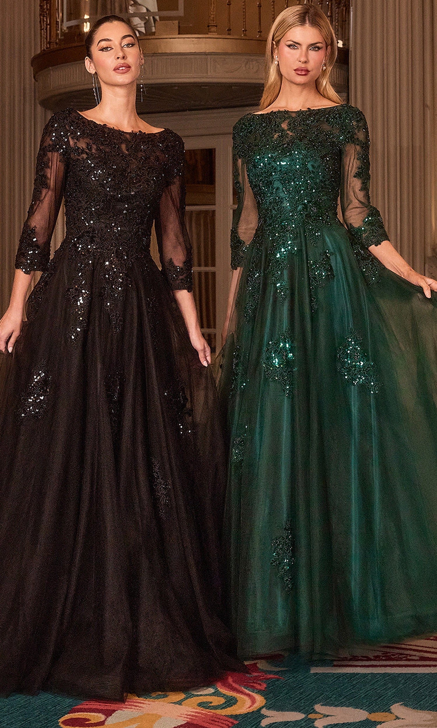 Ladivine J883 - Three-Quarter Sleeve Embroidered Gown