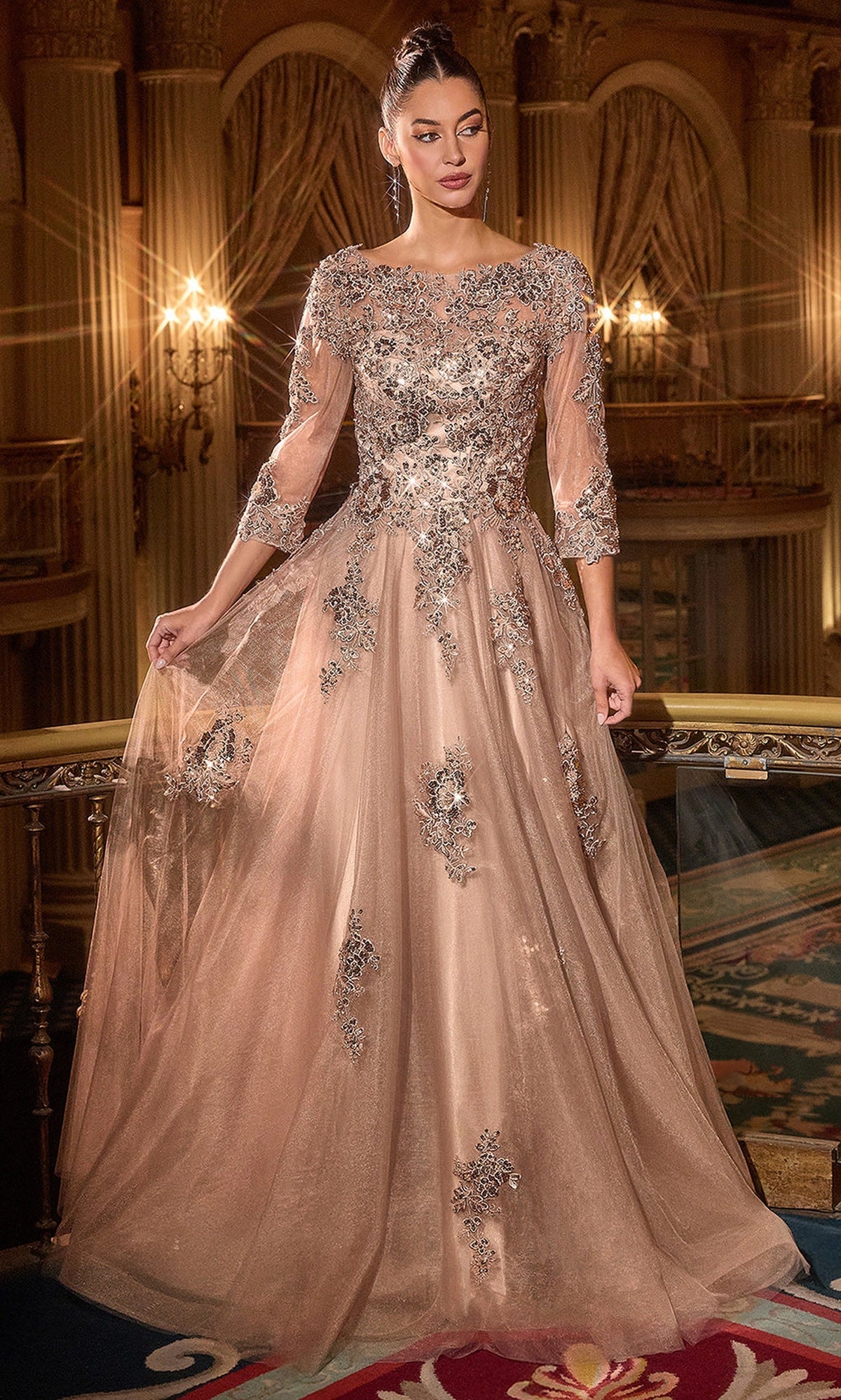 Ladivine J883 - Three-Quarter Sleeve Embroidered Gown