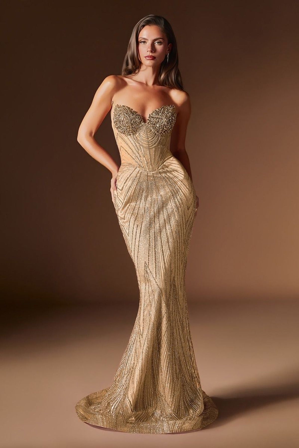 Ladivine J903 - Crystal Encrusted Basque Sheath Gown