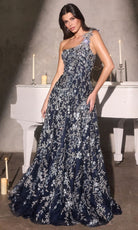 Ladivine J909 - Floral Applique Strap A-Line Evening Gown