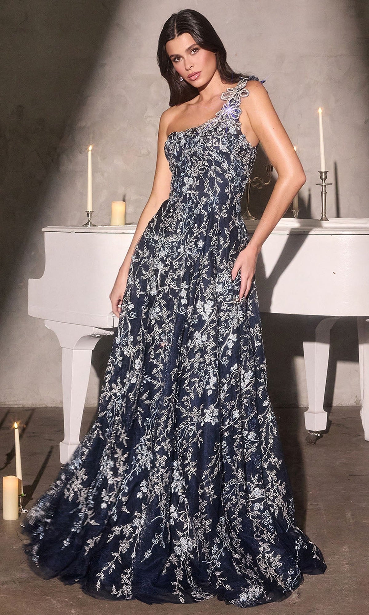 Ladivine J909 - Floral Applique Strap A-Line Evening Gown