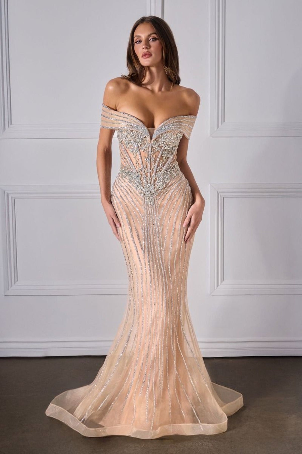 Ladivine KV1130 - Off-Shoulder Beaded Mermaid Gown
