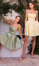 Ladivine KV1133 - Straight Neckline Pleated Mini Dress