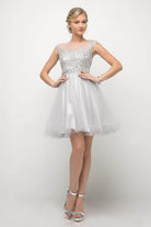 Ladivine UJ0012 - Illusion Shoulders Ruffled Hem Short Dress