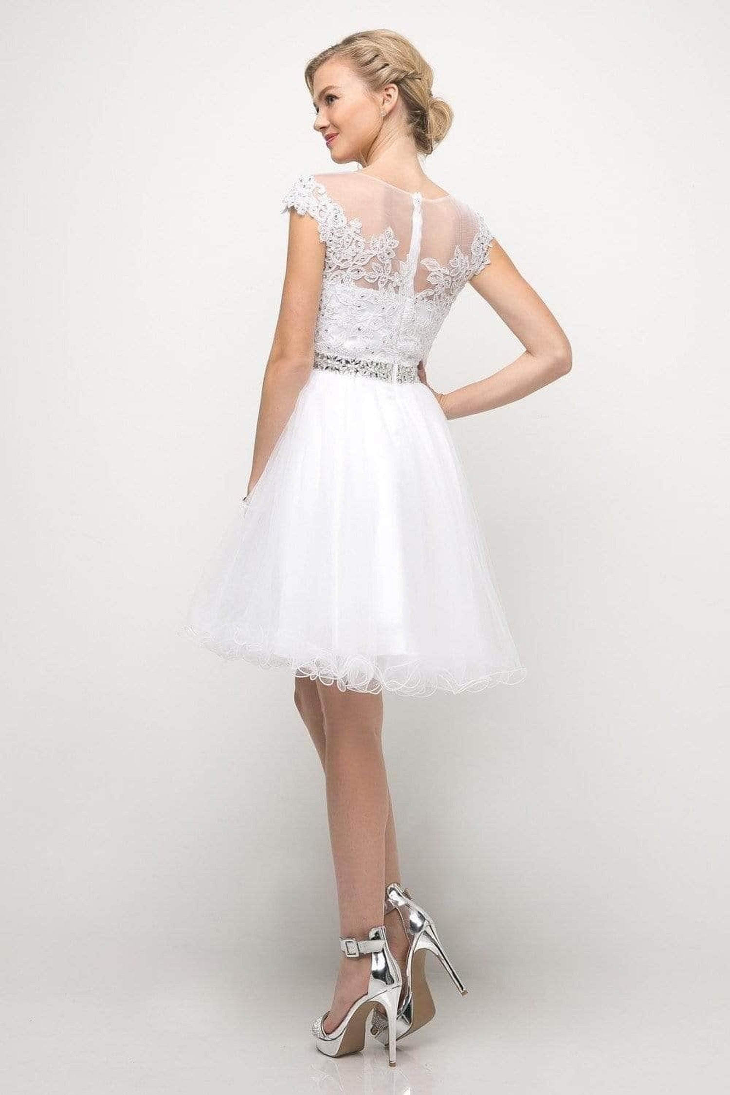 Ladivine UJ0012 - Illusion Shoulders Ruffled Hem Short Dress