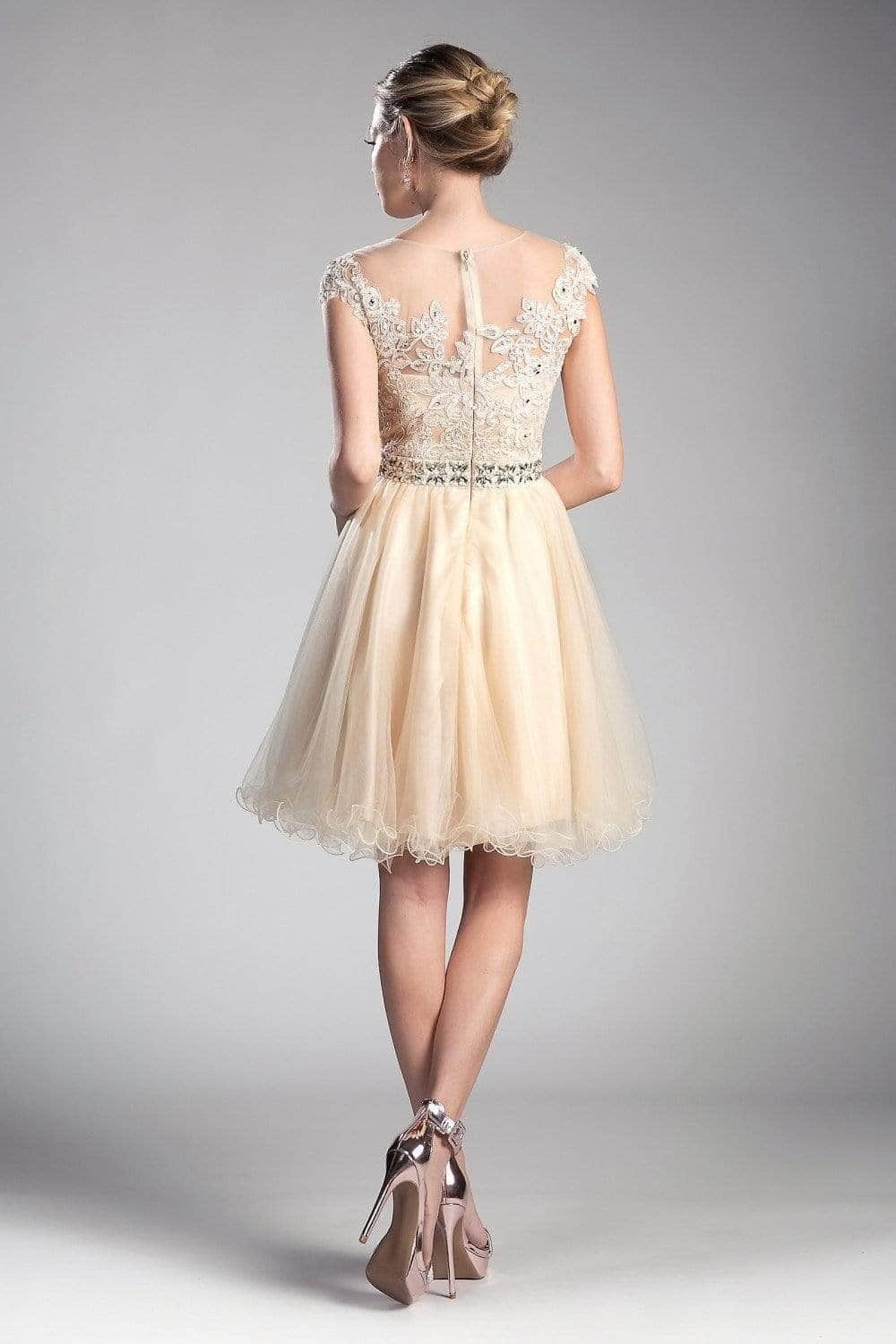 Ladivine UJ0012 - Illusion Shoulders Ruffled Hem Short Dress