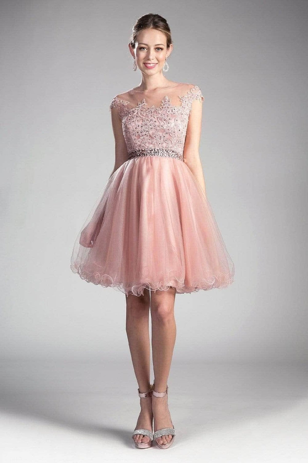 Ladivine UJ0012 - Illusion Shoulders Ruffled Hem Short Dress