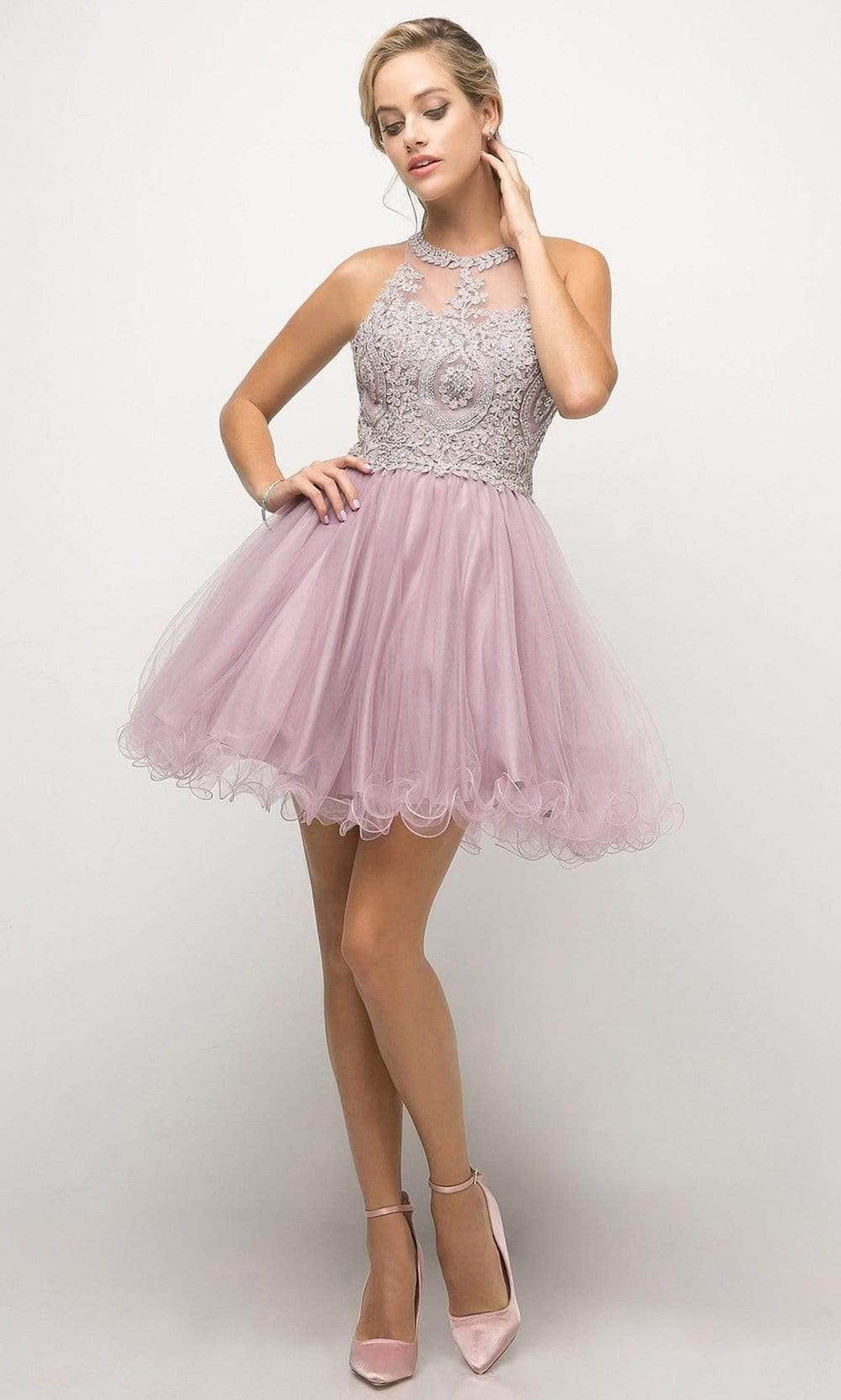 Ladivine UJ0119 - Lace Appliqued Strappy Back Short Dress