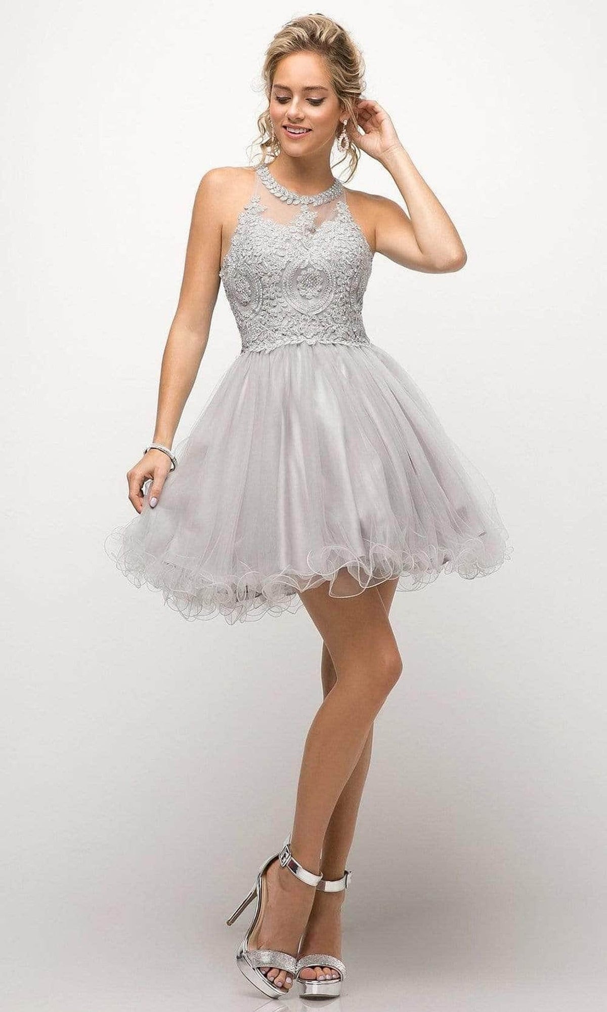 Ladivine UJ0119 - Lace Appliqued Strappy Back Short Dress