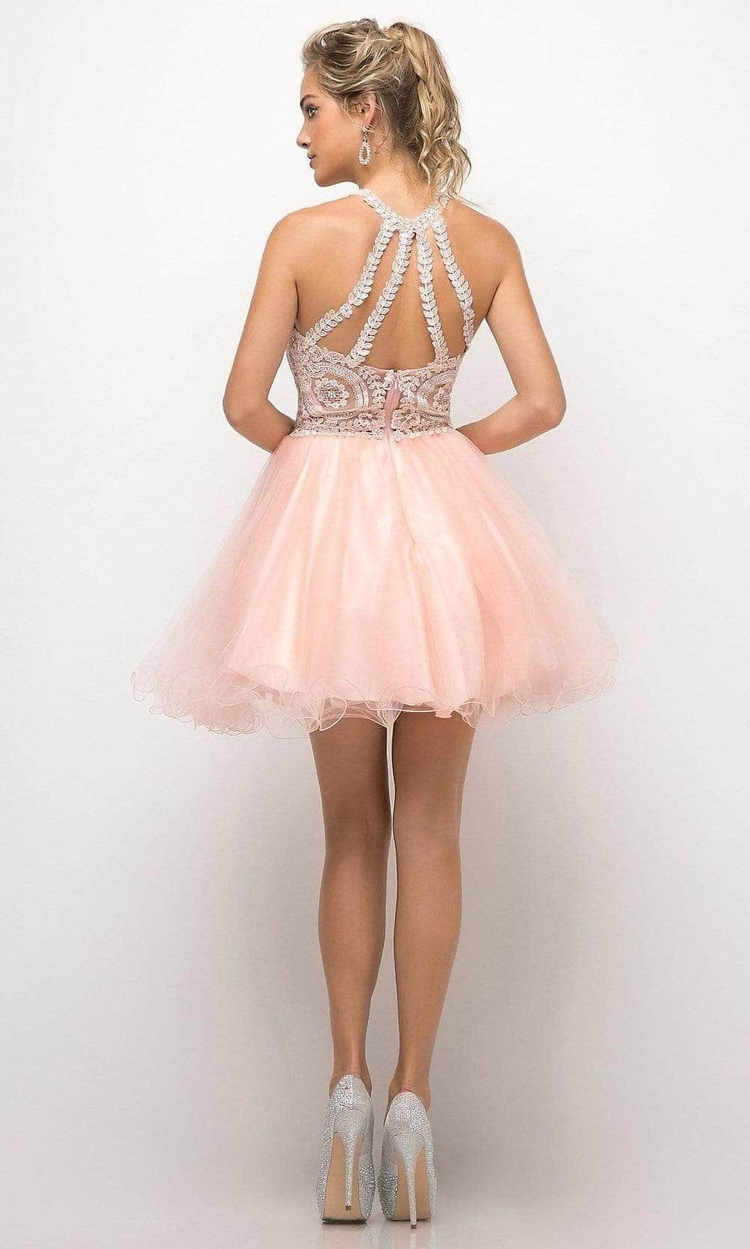 Ladivine UJ0119 - Lace Appliqued Strappy Back Short Dress