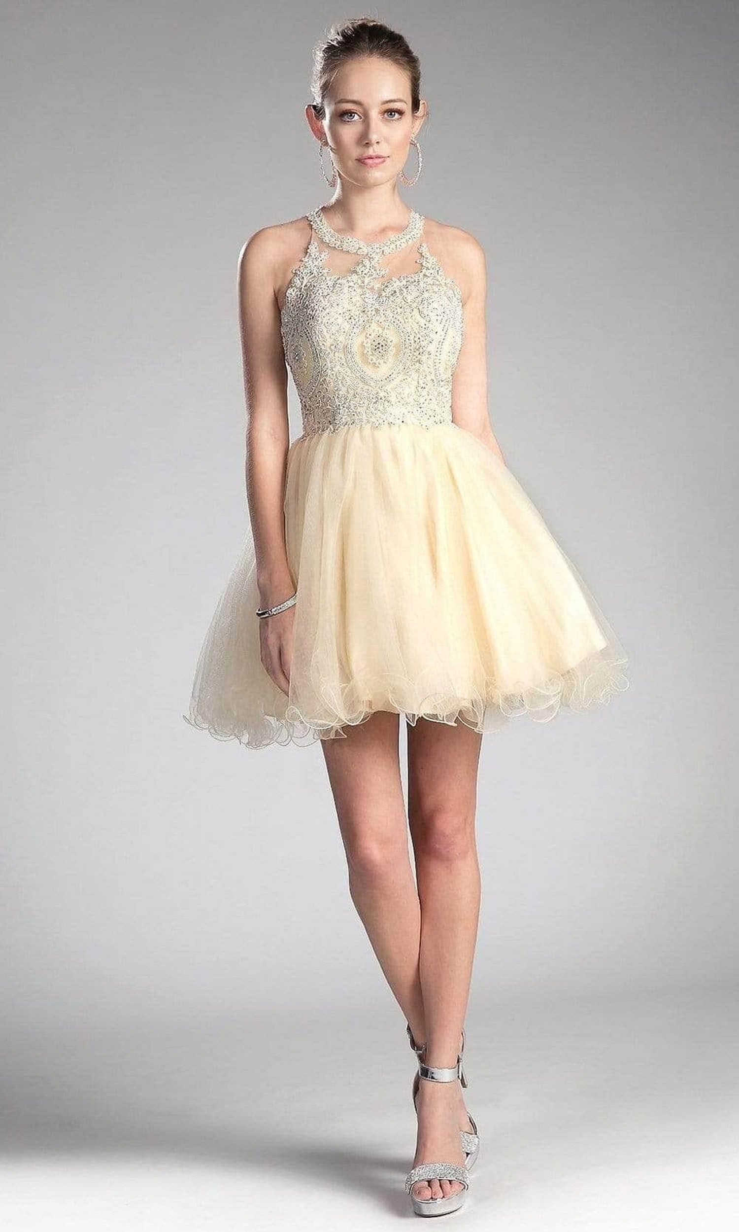 Ladivine UJ0119 - Lace Appliqued Strappy Back Short Dress
