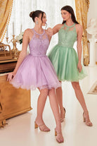 Ladivine UJ0119 - Lace Appliqued Strappy Back Short Dress