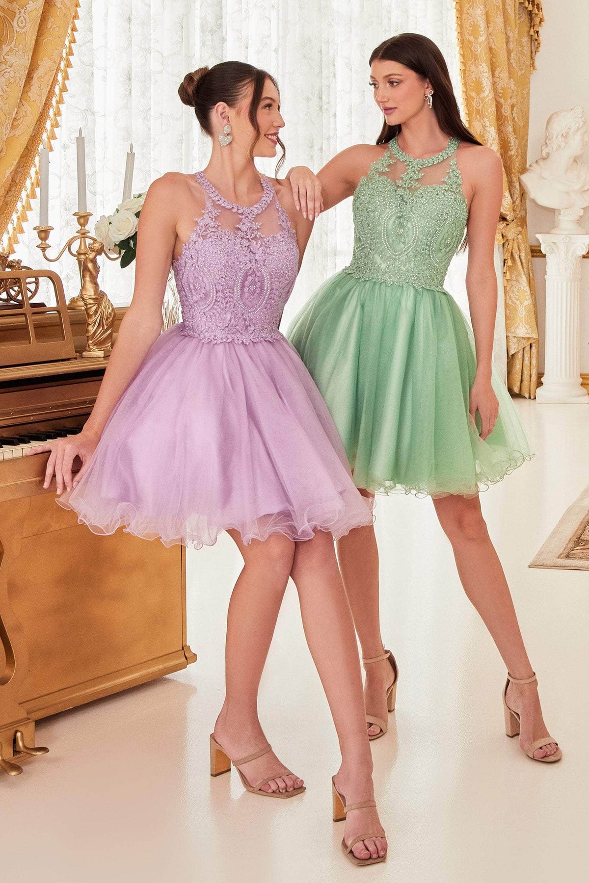 Ladivine UJ0119 - Lace Appliqued Strappy Back Short Dress