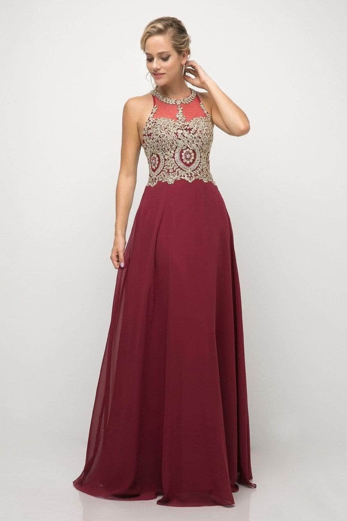 Ladivine UJ0120 - Illusion Jewel Tonal Appliqued Chiffon Gown - Silhouette Dresses
