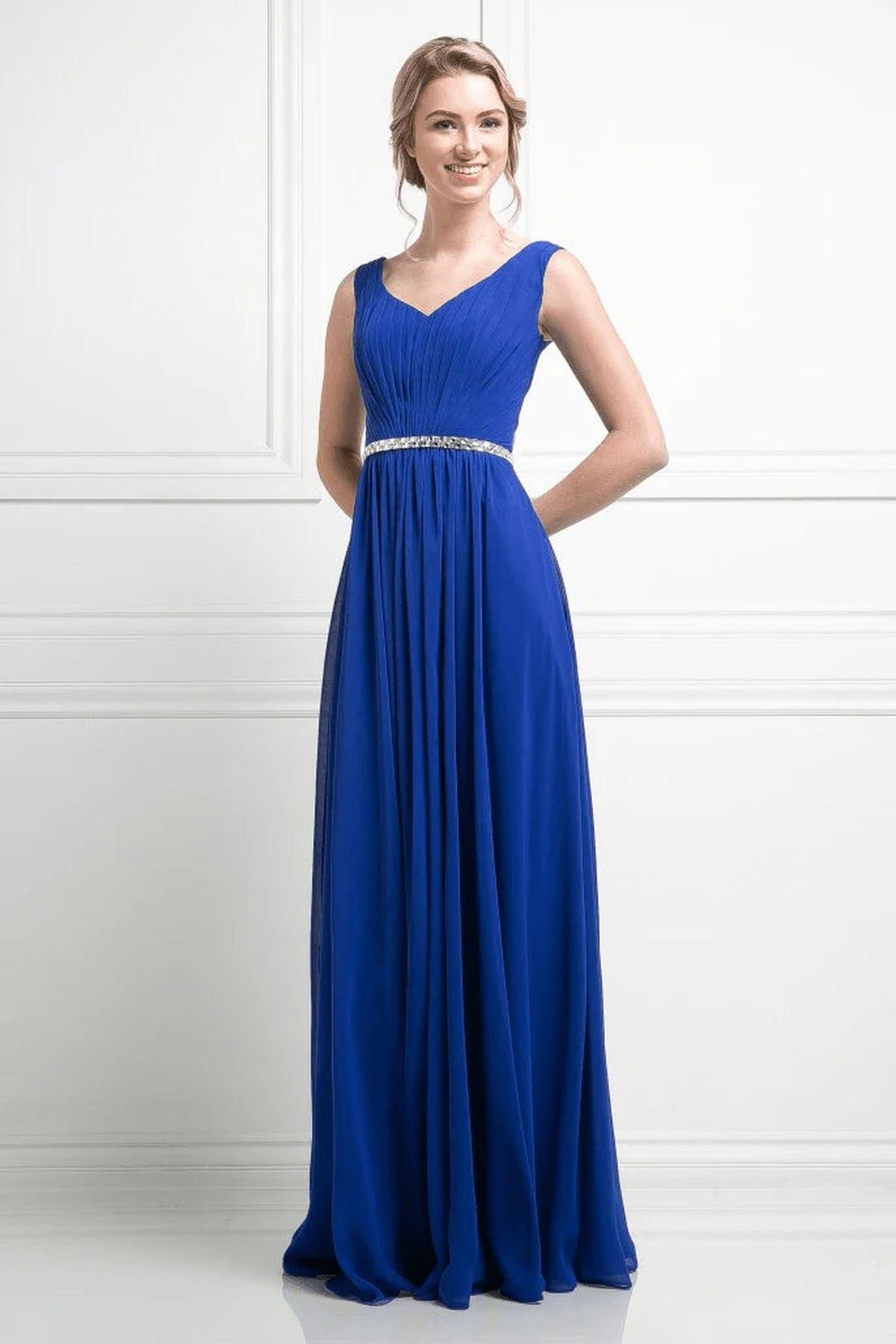 Ladivine W0014 - Pleated V-Neck Bodice A-Line Gown