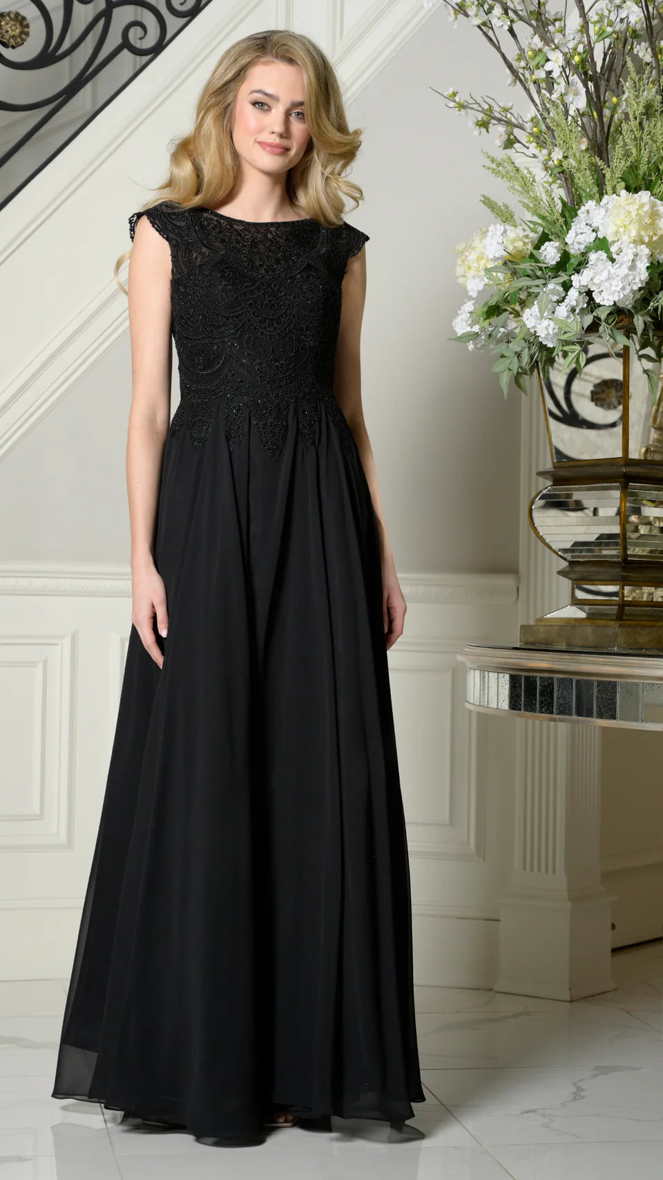 Marsoni by Colors - M238 Beaded Applique A Line Chiffon Dress - Silhouette Dresses