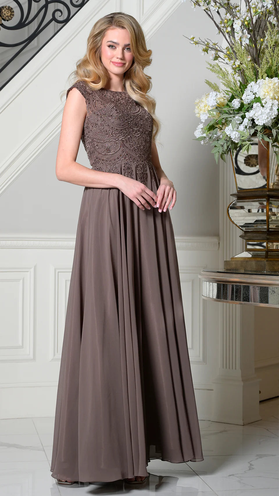 Marsoni by Colors - M238 Beaded Applique A Line Chiffon Dress - Silhouette Dresses