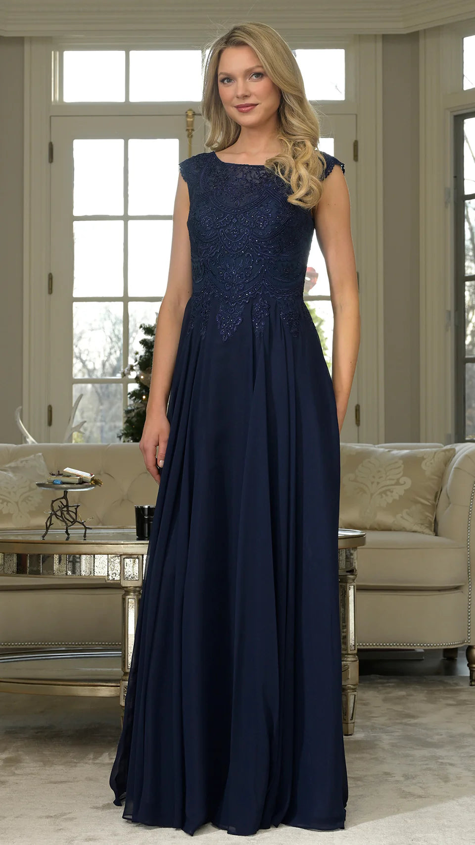 Marsoni by Colors - M238 Beaded Applique A Line Chiffon Dress - Silhouette Dresses