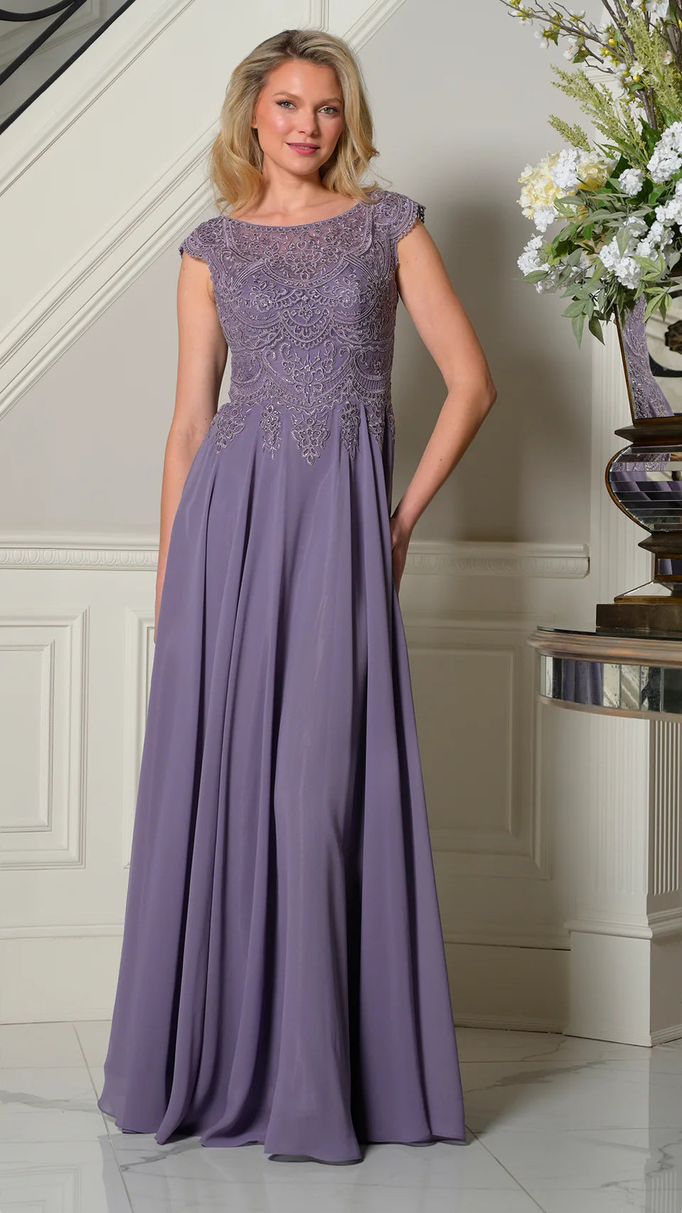 Marsoni by Colors - M238 Beaded Applique A Line Chiffon Dress - Silhouette Dresses