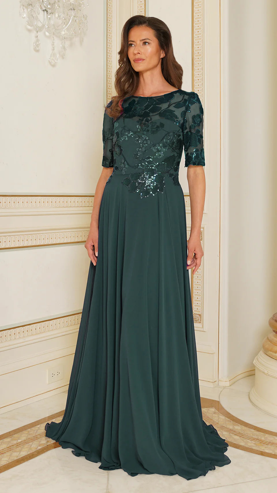 Marsoni by Colors - M286 Sequined Bateau Chiffon A-line Dress - Silhouette Dresses