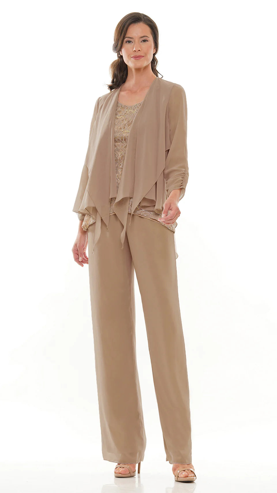 Marsoni by Colors - M303 Three-Piece Chiffon Lace Pantsuit - Silhouette Dresses