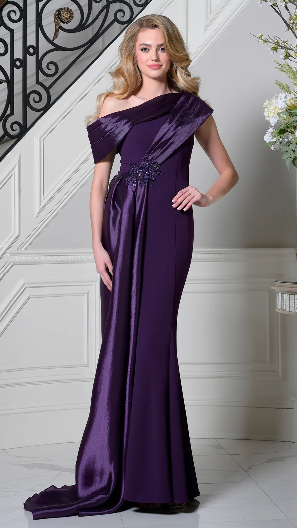 Marsoni by Colors M346 - Asymmetric Neck Draped Overlay Gown - view 4