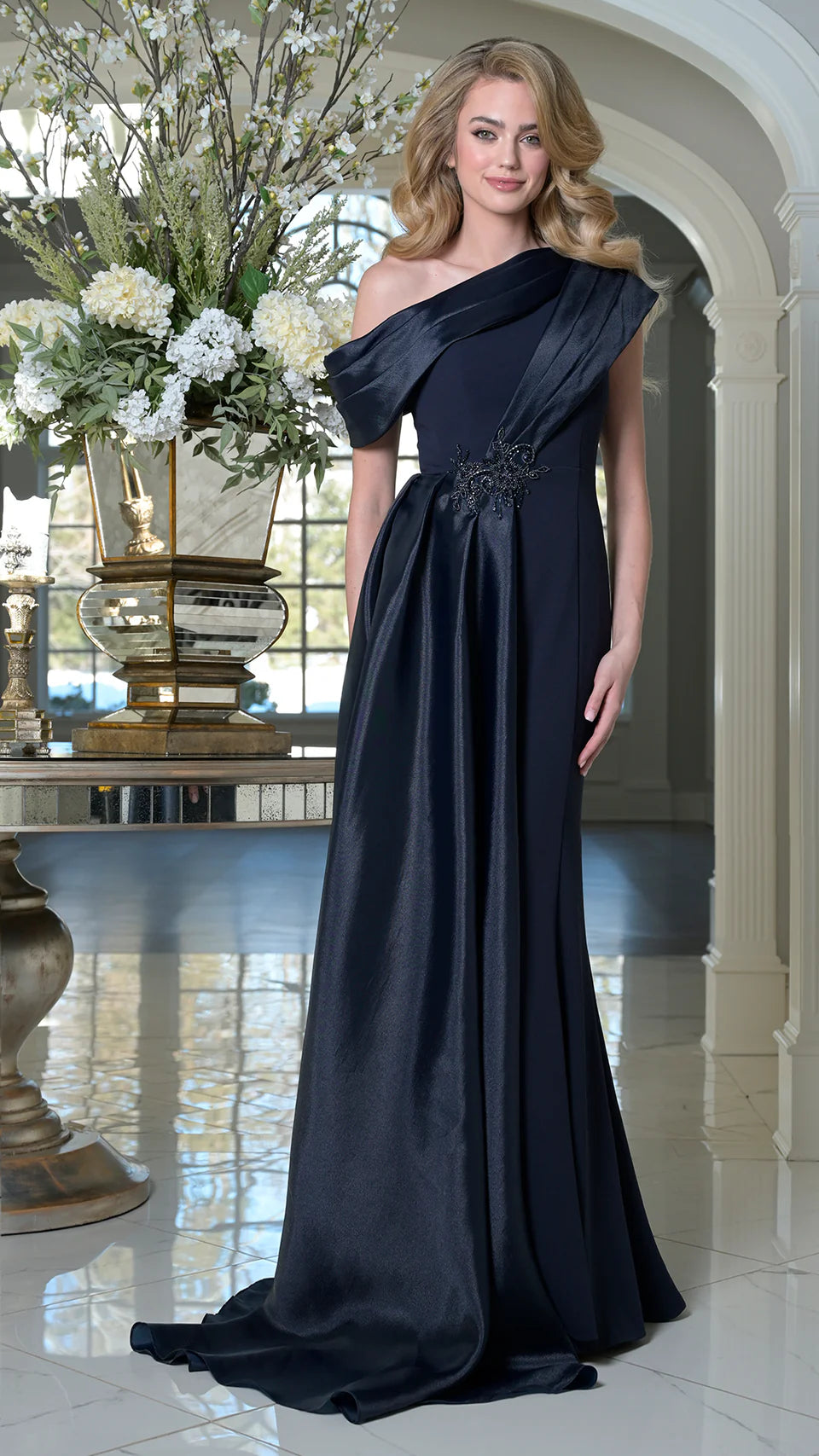 Marsoni by Colors M346 - Asymmetric Neck Draped Overlay Gown - view 5