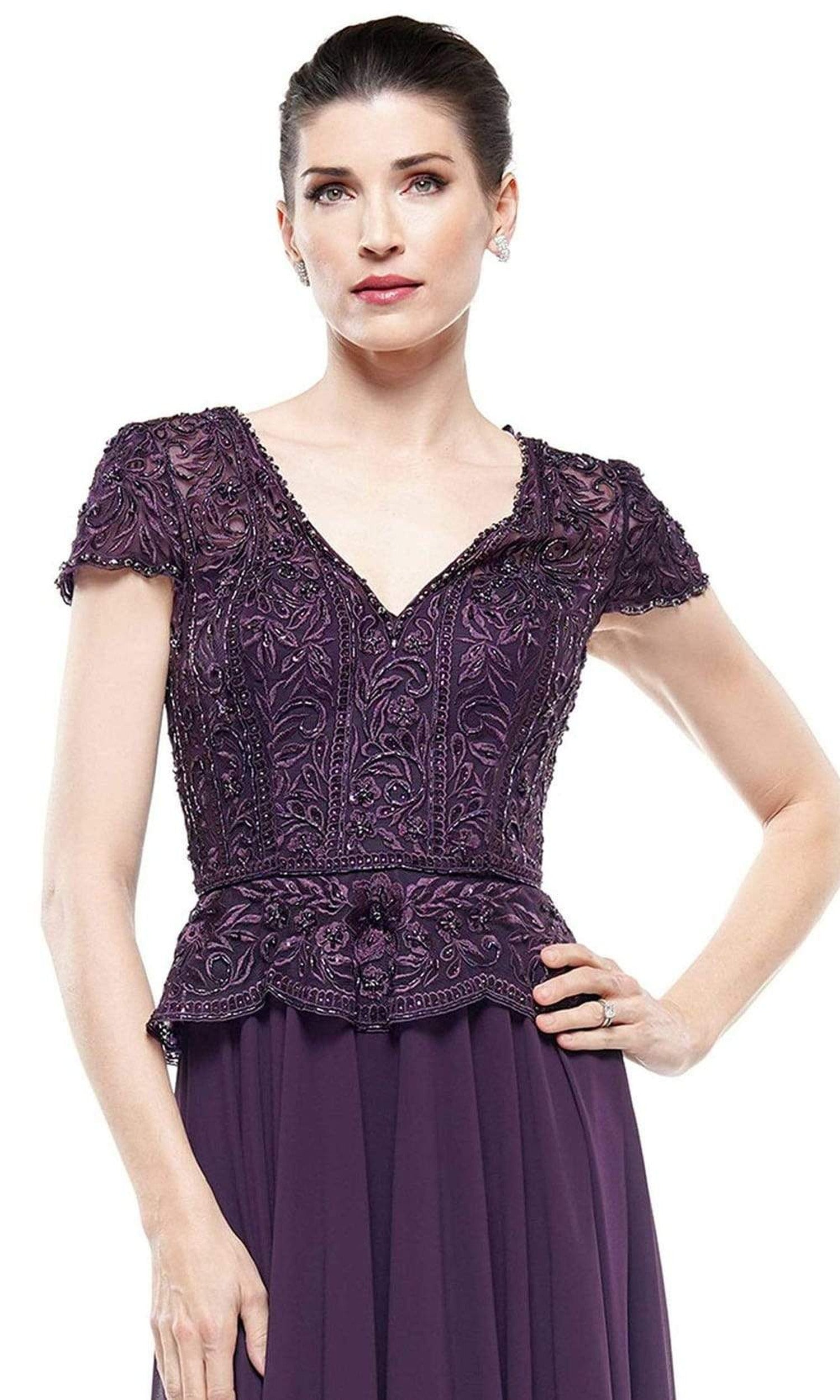 Marsoni by Colors - M243 Short Sleeve Embroidered Peplum Chiffon Gown