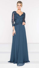 Marsoni by Colors - M237 V-Neck Beaded Lace Applique Chiffon Dress