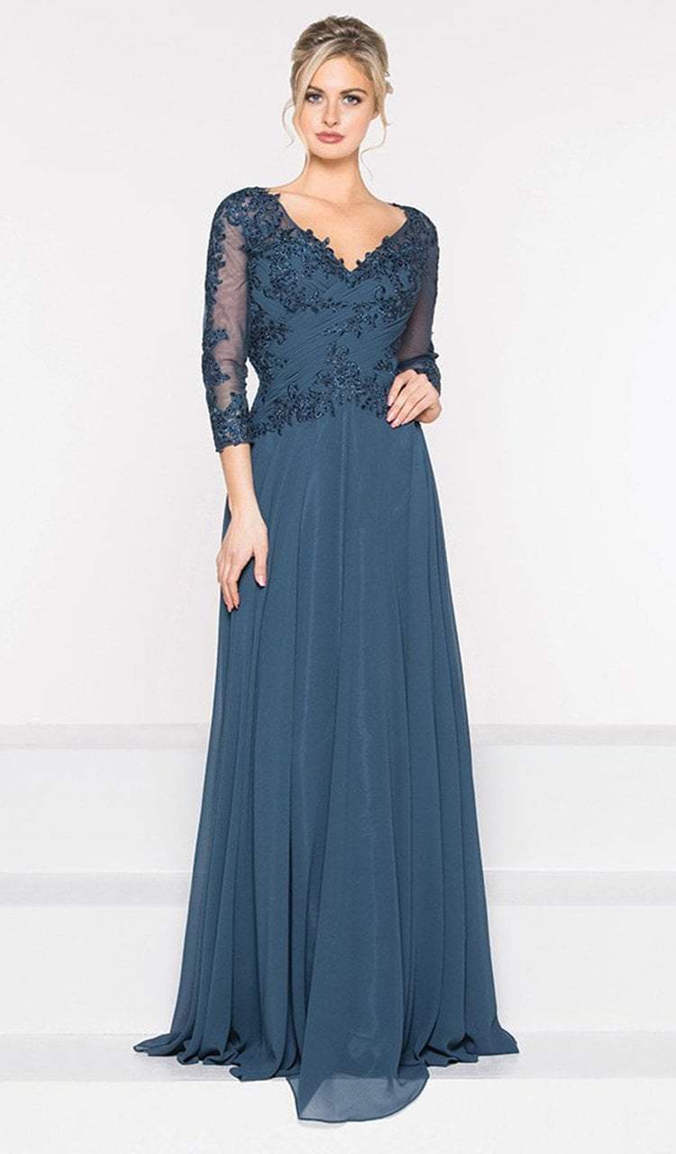 Marsoni by Colors - M237 V-Neck Beaded Lace Applique Chiffon Dress - view 4