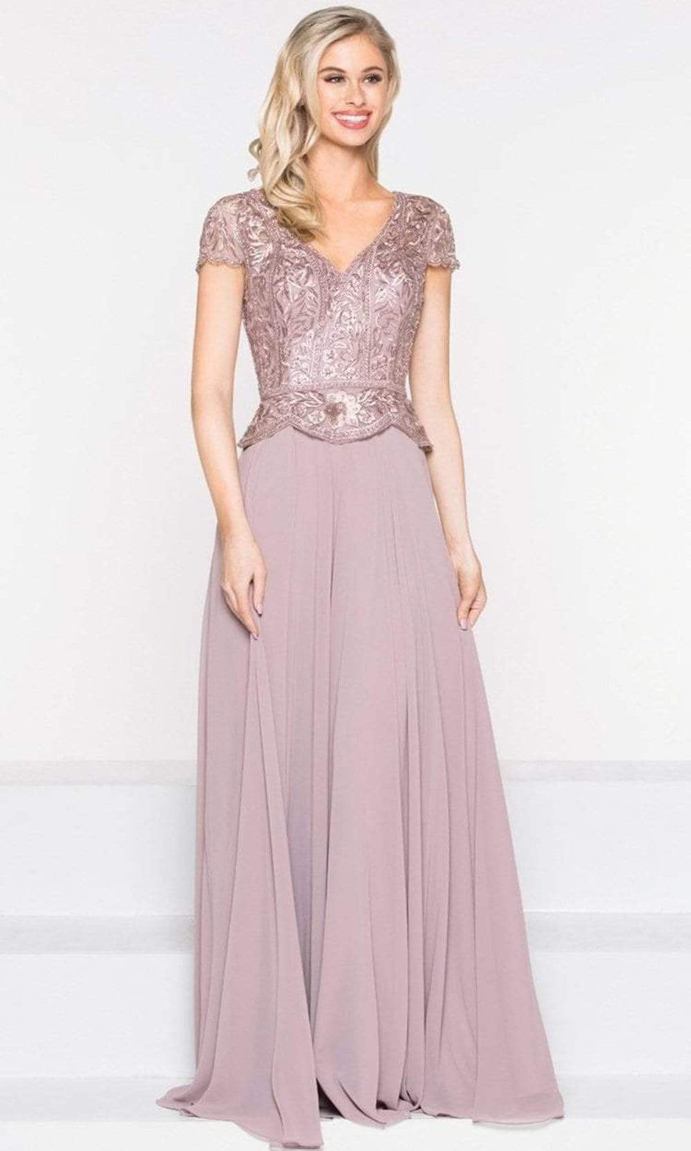 Marsoni by Colors - M243 Short Sleeve Embroidered Peplum Chiffon Gown - back view