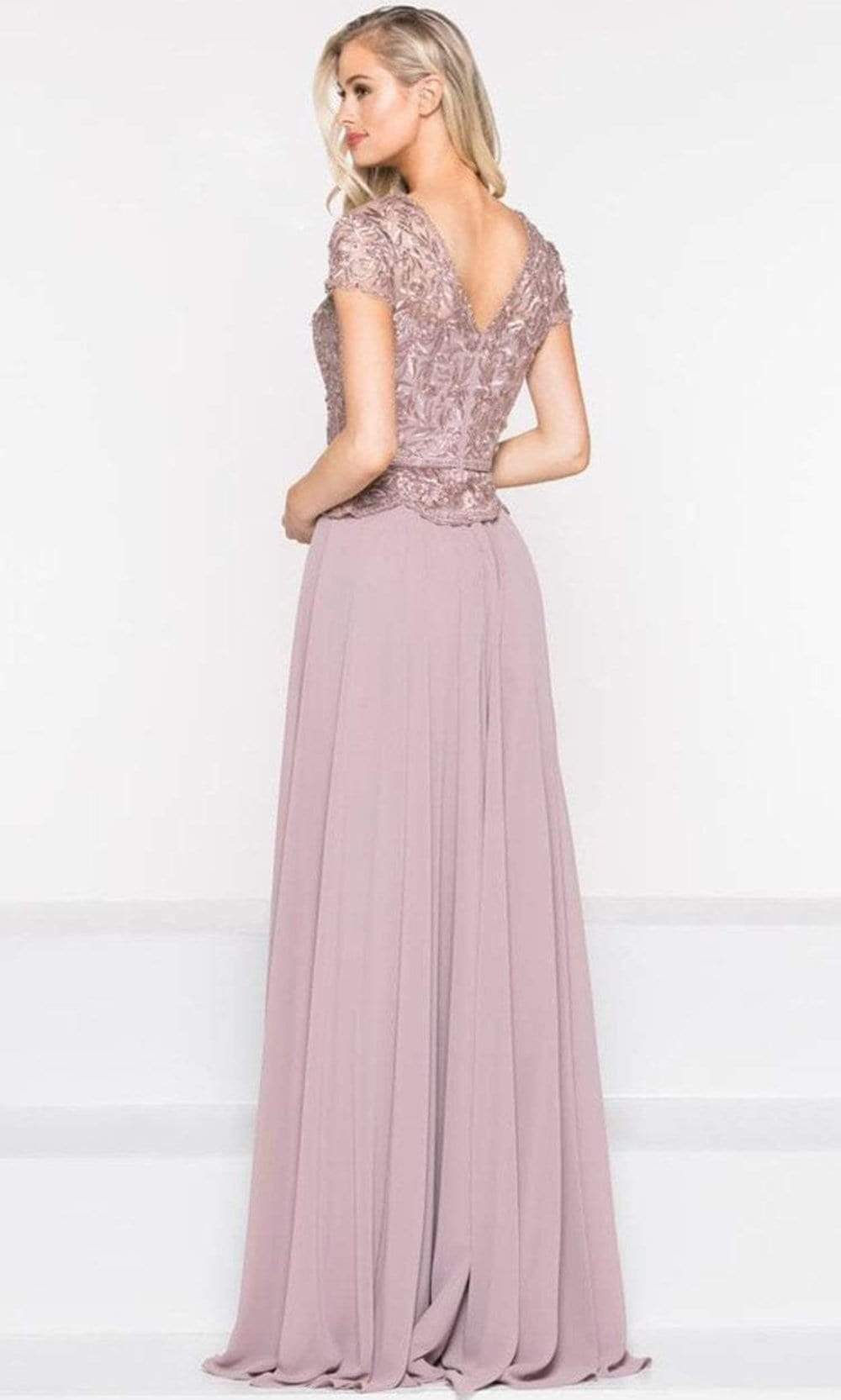 Marsoni by Colors - M243 Short Sleeve Embroidered Peplum Chiffon Gown - detail view