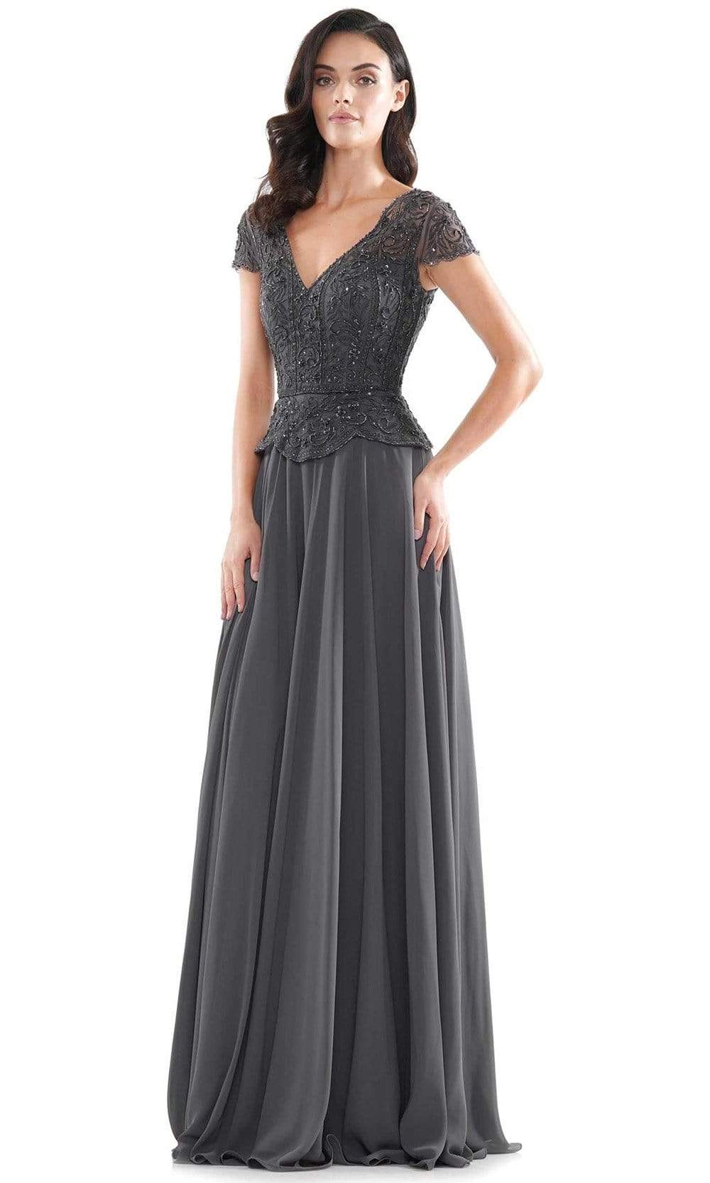 Marsoni by Colors - M243 Short Sleeve Embroidered Peplum Chiffon Gown - designer evening gown at Silhouette Dresses