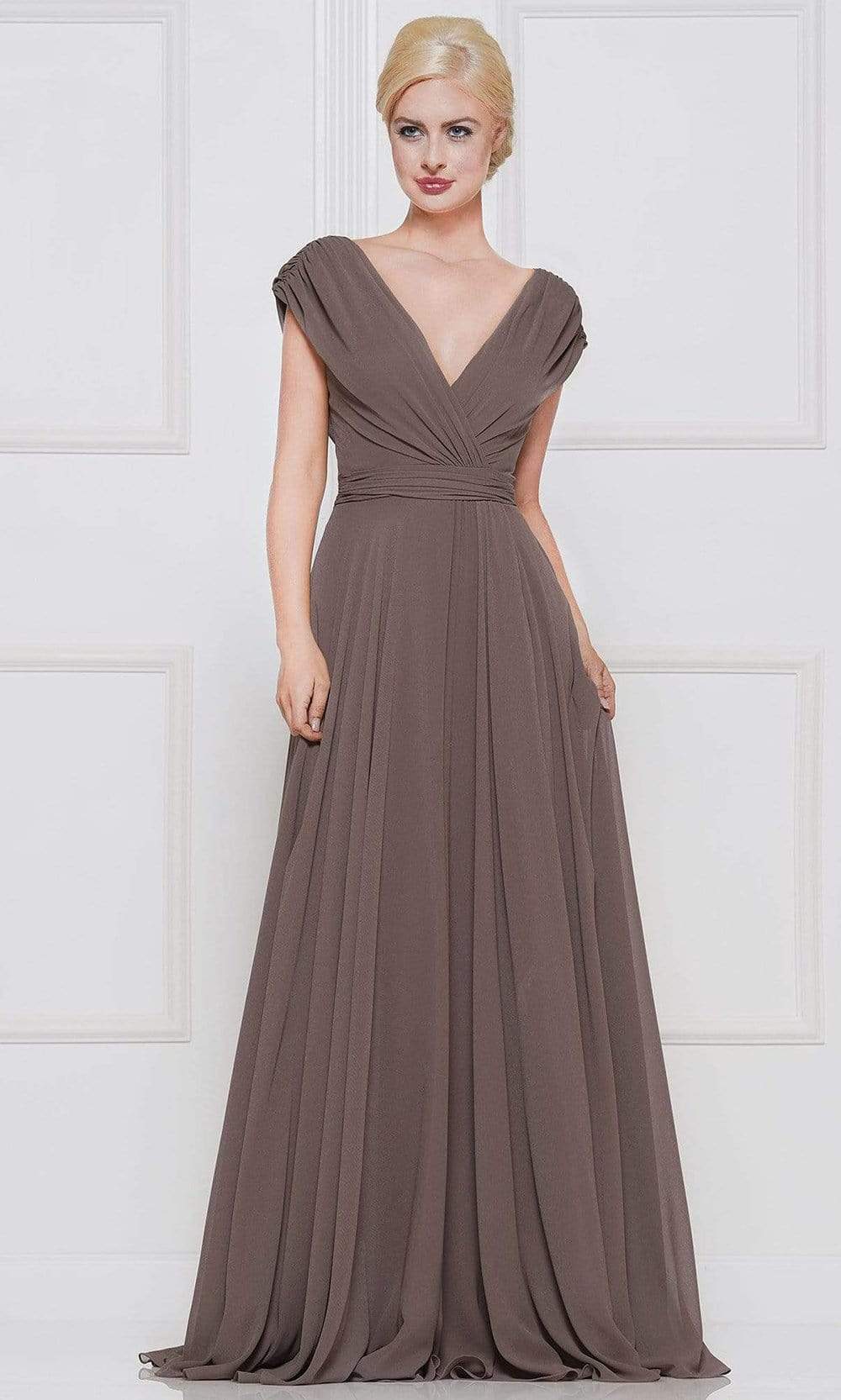 Marsoni by Colors - M251 Gathered V Neck Off Shoulder A-Line Gown - detail view