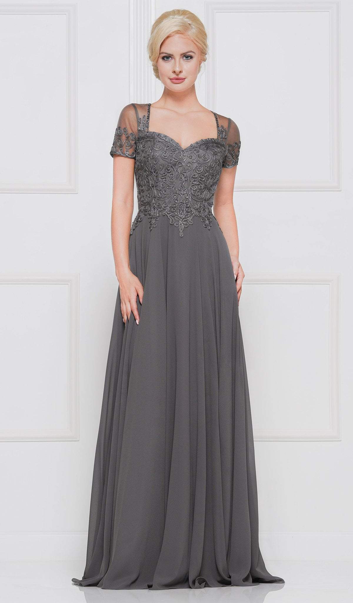 Marsoni by Colors - M271 Short Sleeve Queen Anne Soutache Gown - designer mother of the bride dress at Silhouette Dresses