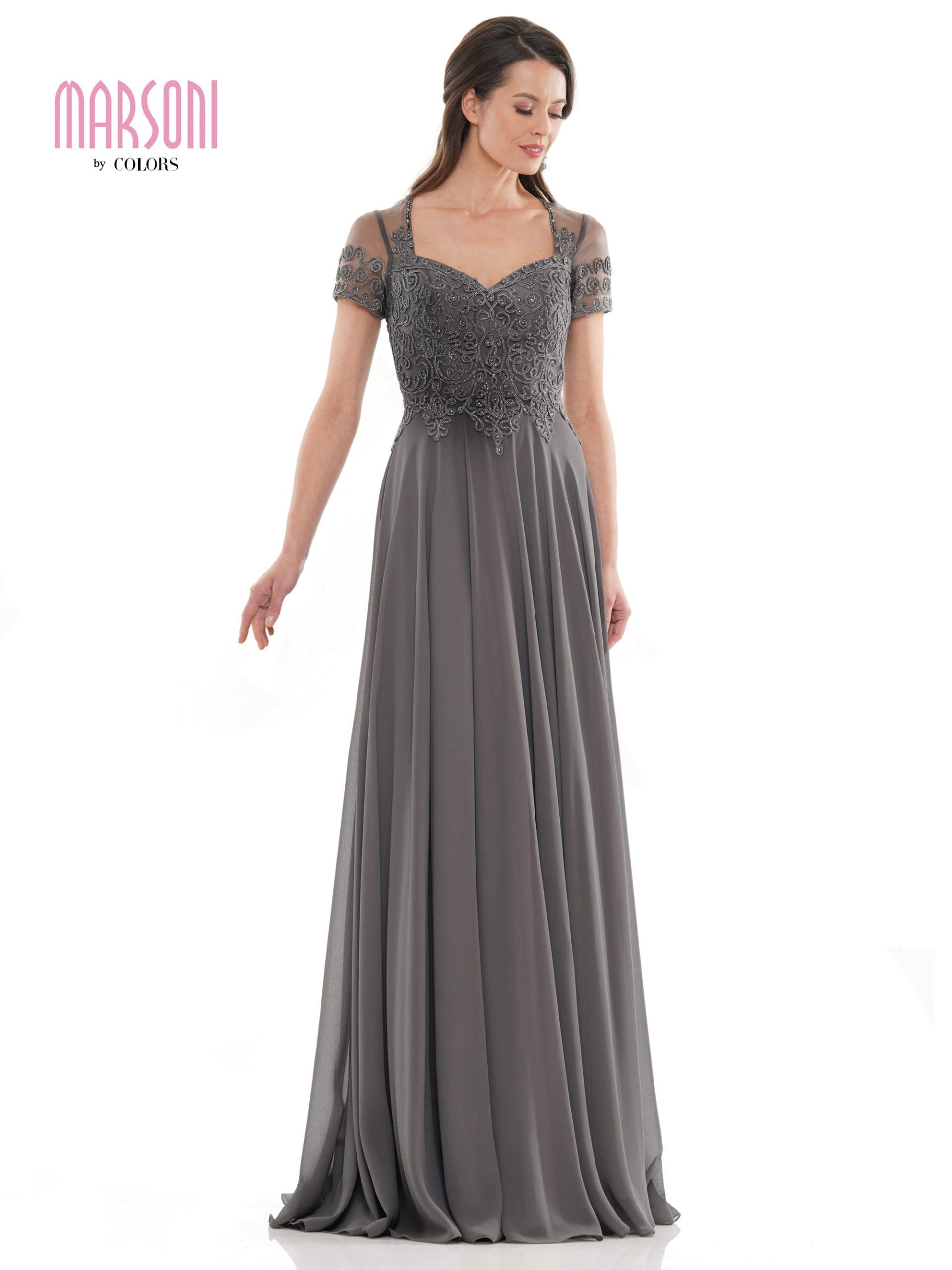 Marsoni by Colors - M271 Short Sleeve Queen Anne Soutache Gown - detail view