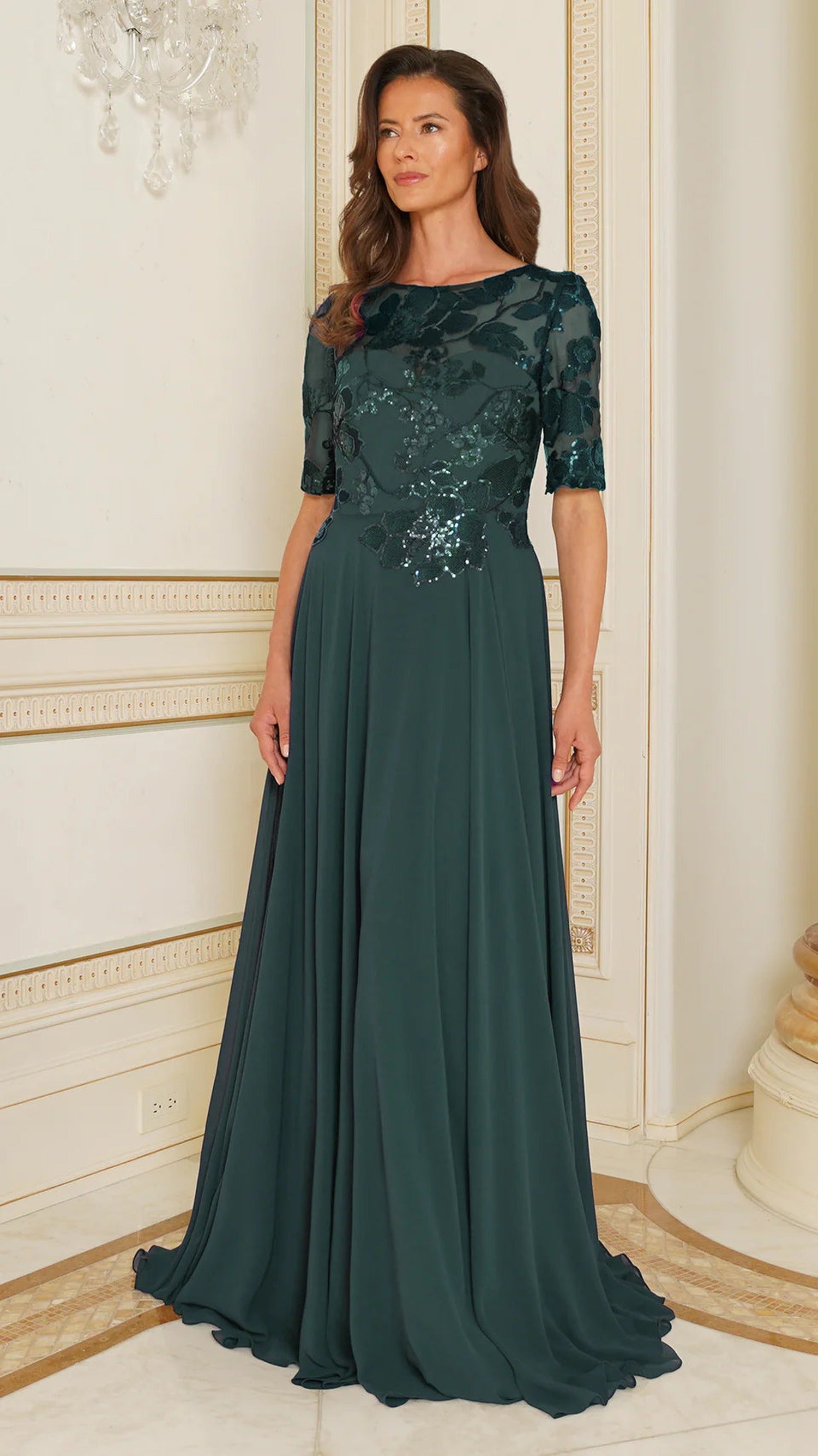 Marsoni by Colors - M286 Sequined Bateau Chiffon A-line Dress