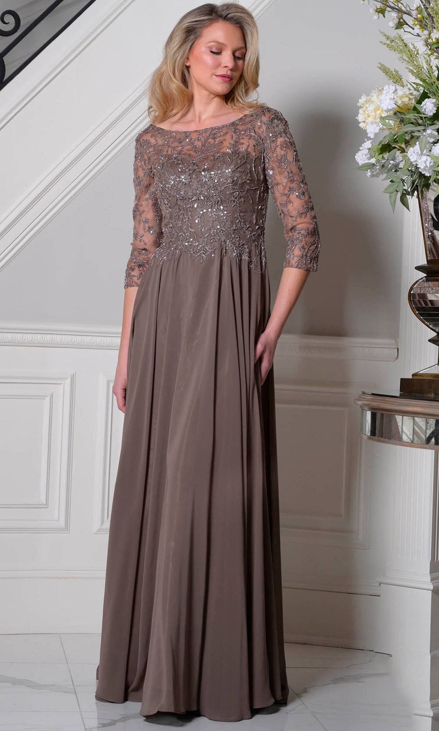 Marsoni by Colors M340SL - Three-Quarter Sleeve Lace Applique Dress
