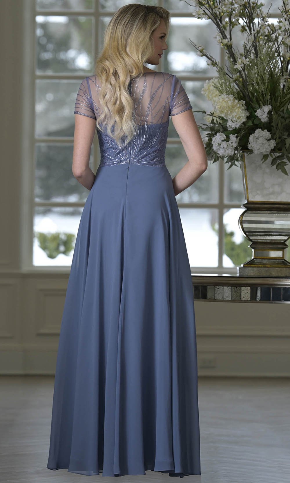 Marsoni by Colors M351 - Short Sleeve Beaded Illusion Formal Dress - Silhouette Dresses