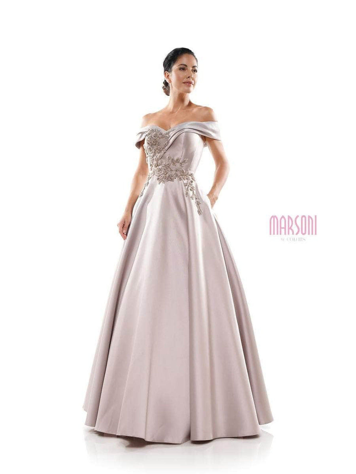 Marsoni by Colors - MV1008 Floral Beaded Surplice Off Shoulder Gown